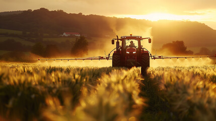 Tractor Spraying Pesticides at Soy Bean Field - obrazy, fototapety, plakaty