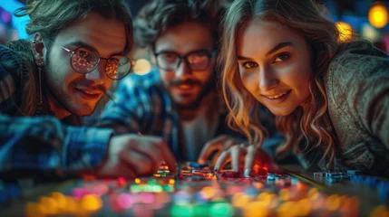 Poster  a man and a woman playing a board game at a table in a dark room with brightly colored lights and a man in the background looking at the camera and smiling. © Wall