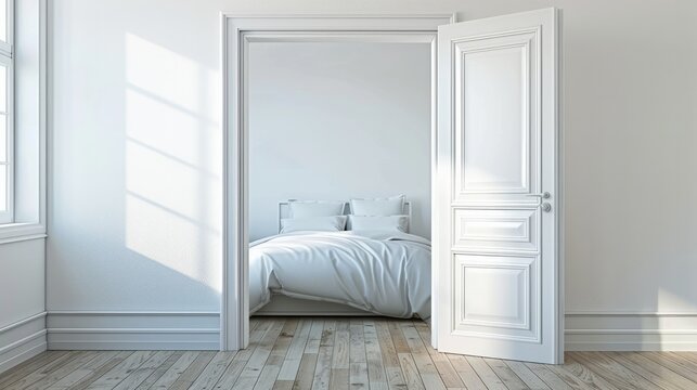 The white door opening to modern bedroom interior
