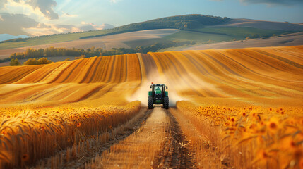 green tractor cultivating wheat fields with added dirt road - obrazy, fototapety, plakaty
