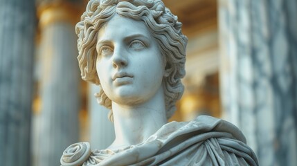  a close up of a statue of a woman's head and shoulders with columns in the background and a building in the background with columns in the foreground.