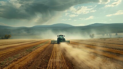 green tractor cultivating wheat fields with added dirt road - obrazy, fototapety, plakaty