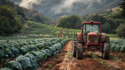 tractor cultivating cabbage fields with added dirt road - obrazy, fototapety, plakaty