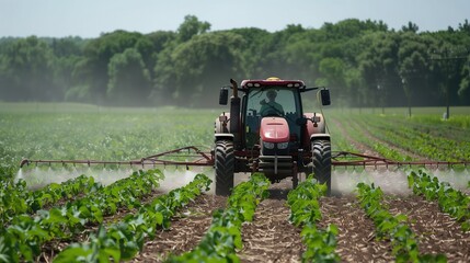 Fototapeta premium Tractor Spraying Pesticides at Soy Bean Field