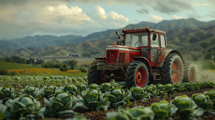 tractor cultivating cabbage fields with added dirt road - obrazy, fototapety, plakaty