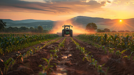 green tractor cultivating corn fields with added dirt road - obrazy, fototapety, plakaty