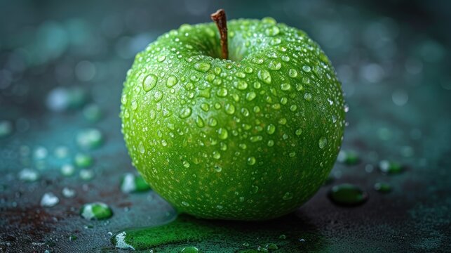  a close up of a green apple with drops of water on the top of it and on the bottom of the apple is a green apple with a brown stem.