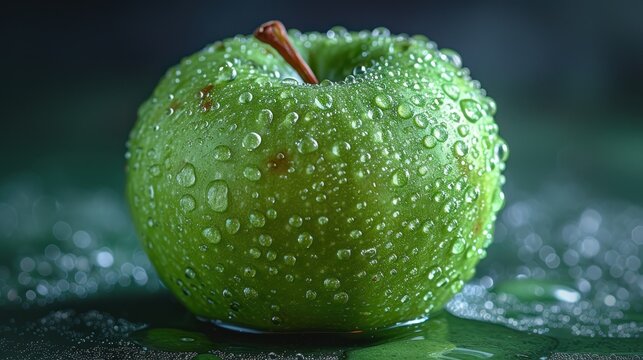  a close up of a green apple with drops of water on the top of the apple and on the bottom of the apple, on a green surface with a black background.