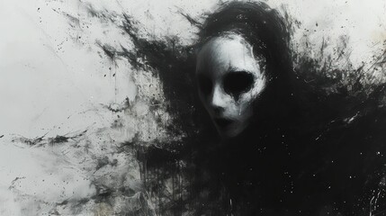  a black and white photo of a person with a creepy look on their face, with black and white paint splattered all over the top of the image. - obrazy, fototapety, plakaty