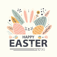 Fototapeta premium Happy Easter. Rabbit, eggs and flowers. Vector illustration of background, poster, card, banner