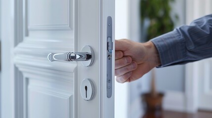 A close-up shot showcases a modern white door with a chrome metal handle, alongside a man's arm reaching to open it