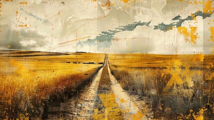 Collage with a B&W photo of Midwest prairies, enhanced by golden yellow and earthy greens, capturing the essence of vast farmlands under open skies.

 - obrazy, fototapety, plakaty