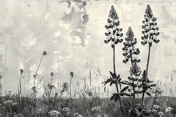 A collage with a B&W photo of Texas wildflowers, like bluebonnets, enhanced by lively greens and blues to showcase the state's floral diversity.

