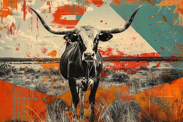 Collage with a B&W photo of Texas plains and longhorn cattle, accented by burnt orange and deep blue for sunsets and clear skies.

