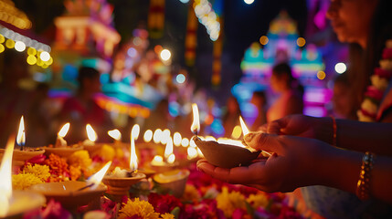 Celebração do Festival de Diwali Fogos de artifício trajes tradicionais e decorações vibrantes em closeup - obrazy, fototapety, plakaty