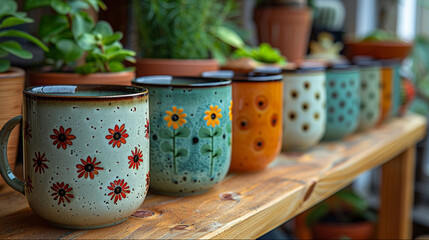 Retro floral cups near the plant on wooden shelf.