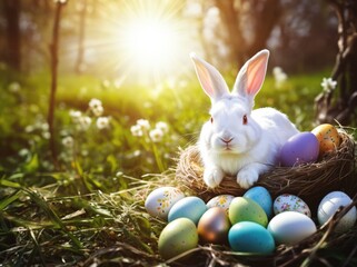 Fototapeta na wymiar Eastern Bunny with Painted Eggs in the Spring Sunlight at the Green Meadow, Festive Rabbit in the Nature illustration