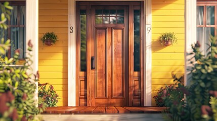 A wide horizontal shot capturing the front view of a wooden front door on a yellow house. The image includes reflections in the window, showcasing a view of the porch and front walkway