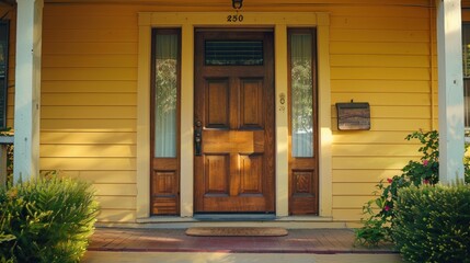 A wide horizontal shot capturing the front view of a wooden front door on a yellow house. The image includes reflections in the window, showcasing a view of the porch and front walkway - obrazy, fototapety, plakaty