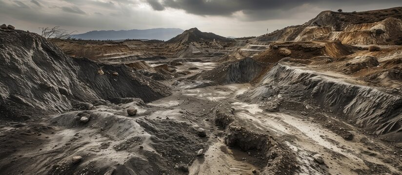 A dirt field showing signs of erosion from wind and rain, with a mountain looming in the background. The field appears barren, with waste piles scattered around, remnants of an abandoned asbestos