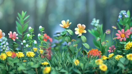 Various flowers scattered across lush green grass in a natural setting. Floral background.