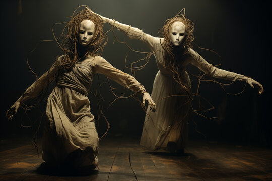 Surreal image of Marionettes with twisted limbs and hollow eyes dance in a malevolent choreography. AI Generative.