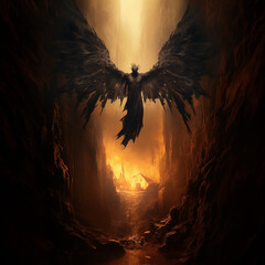 Dark Angel descends to the earthly realm, landing in a forsaken cave. AI Generative.