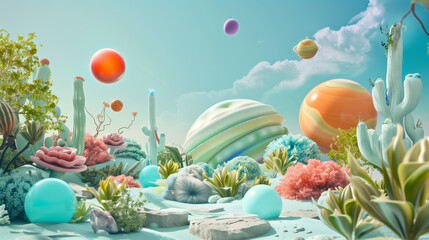 Fototapeta na wymiar A vibrant, alien world with exotic plants under a sky dotted with floating orbs. Futuristic city concept. 3d style imitation.