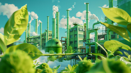 A factory emitting large amounts of smoke into the air, contributing to environmental pollution. A model of a green factory of the future, built with the environment in mind.