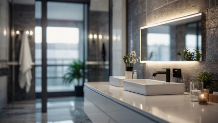 Modern luxury black bathroom 3d render,The room has black tile floor and black mosaic wall, a clear glass shower partition,There are large windows nature light shining in to the room - obrazy, fototapety, plakaty