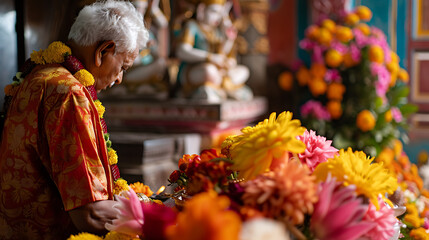 Fototapeta na wymiar Um sacerdote hindu realizando um ritual de fogo em um templo ao ar livre com guirlandas de flores e incenso