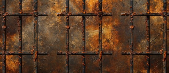 A textured background of rusted metal with an arrangement of steel bars and rivets visible. The rusty surface shows signs of wear and tear, with the bars and rivets adding an industrial feel to the