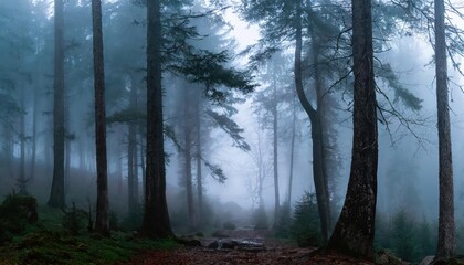 Fototapeta premium Panorama of foggy forest. Fairy tale spooky looking woods in a misty day. Cold foggy morning