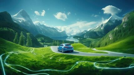 EV (Electric Vehicle) electric car is driving on a winding road that runs through a verdant forest and mountains	

