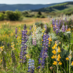 Wildflowers Blooming in a Sunny Meadow with Scenic Hills in the Background