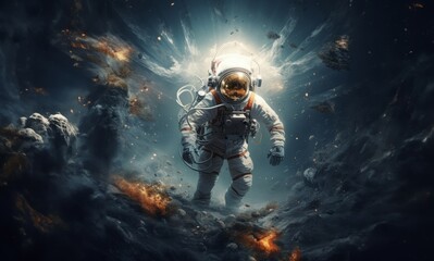 Fototapeta na wymiar an astronaut and their team exploring mysterious and adventurous locations in space, embarking on a cosmic journey to uncover the wonders and mysteries of the universe.Generated image
