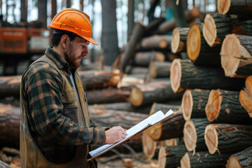 A focused lumberjack with a hard hat reviews paperwork beside a stack of freshly cut logs. - obrazy, fototapety, plakaty