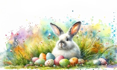 Fototapeta na wymiar Easter Bunny with Colorful Easter Eggs - watercolor painting illustration 