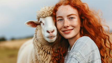 Adorable Redhead Woman with Freckles Smiles Brightly with Friendly Sheep, Closeup
