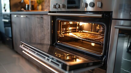 An open modern oven is seamlessly integrated into the built-in kitchen furniture, offering both functionality and aesthetic appeal.