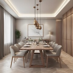 Sketch drawing and 3D representation of an interior dining room