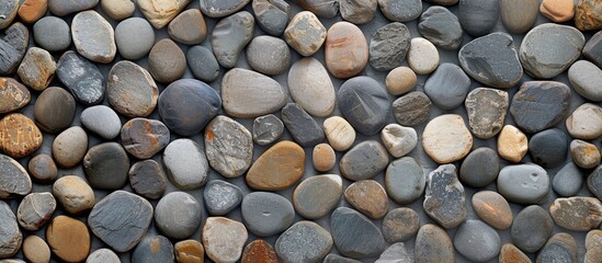 This close-up view shows a textured rock wall constructed entirely of small gray and brown stones or pebbles. The rocks are tightly packed together, creating a sturdy and durable structure.
