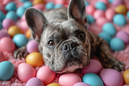 A cute French bulldog dog lies among colorful painted Easter eggs. Easter concept