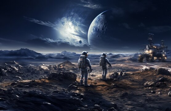 A group of modern astronauts is depicted exploring the hazardous surface of the moon in outer space, showcasing the daring mission of discovery and adventure in lunar exploration.Generated image