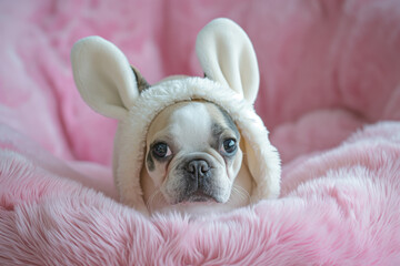 Cute French bulldog puppy with Easter bunny ears hood on, posing in a soft pink dog bed. Easter concept