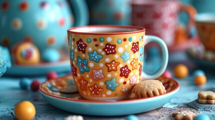 Kid's decorated bright mug with a hot beverage and cookie on a vibrant saucer. Concept of kid-friendly tableware, playful snack time, children's breakfast, joyful design. - obrazy, fototapety, plakaty