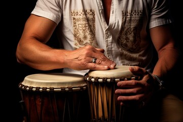 Musician playing a djembe drum. Drummer with djembe. Concept of musical passion, rhythm, cultural music, and artistic performance.