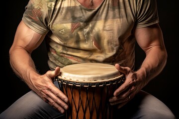 Musician playing a djembe drum. Drummer with djembe. Concept of traditional music, percussion artistry, live performance, and musical focus.