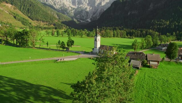 Idyllic Alpine landscape with a church in Zgornje Jezersko, Slovenia