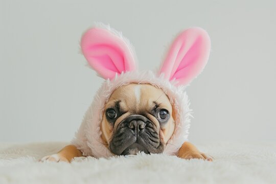 Cute French bulldog puppy with pink Easter bunny ears on, posing while lying on a soft blanket. Easter concept